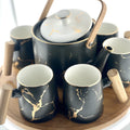 Black and Gold Marbled Tea Set with Bamboo Wood Serving Tray and Handles - 06 Mugs + Kettle + Tray - Needs Store