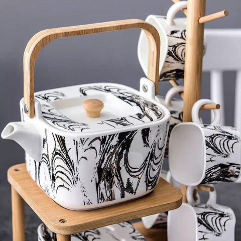 Black & White Lines Japanese Ceramic Teapot with Wooden Stand - Needs Store