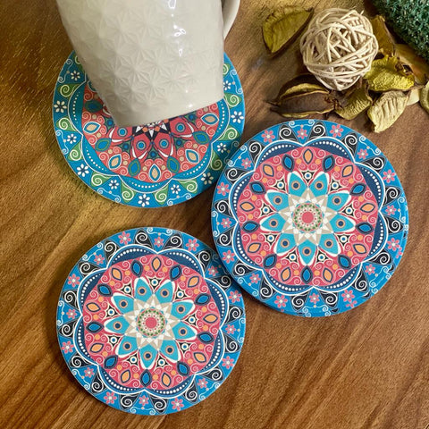 Blue And Pink Moroccan Drink Coasters with Thin Cork Bottom | Moisture Absorbing Stone Coasters | Table Scratch or Stain Protection for Cup or Glasses - Needs Store
