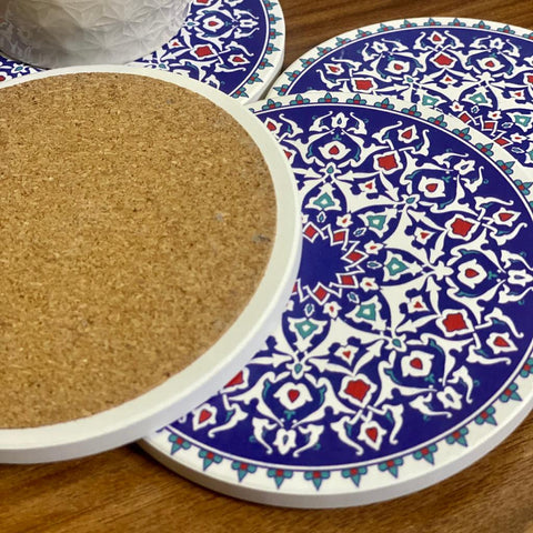 Blue Turkish Drink Coasters with Thin Cork Bottom | Moisture Absorbing Stone Coasters | Table Scratch or Stain Protection for Cup or Glasses - Needs Store