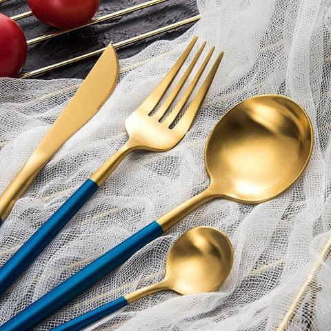 C&E Flatware Blue & Matt Gold Stainless Steel Cutlery Set - 4 Pieces - Needs Store