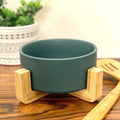 Ceramic Salad Bowl With Bamboo Wood Stand | Serving Fruit Bowl - Green - Needs Store
