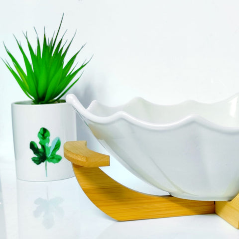 Ceramic Salad Serving Bowl With Wooden Stand - White - Needs Store
