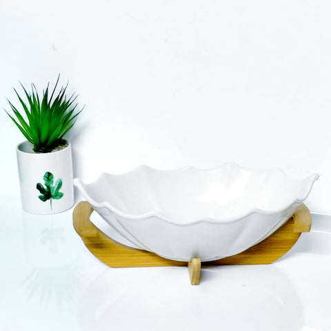 Ceramic Salad Serving Bowl With Wooden Stand - White - Needs Store