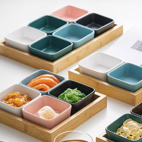 Ceramic Snack Serving Platter with Bamboo Tray - 4 Compartments | Serveware - Needs Store