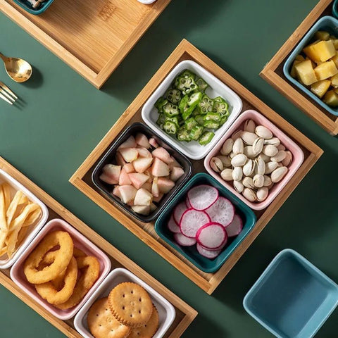 Ceramic Snack Serving Platter with Bamboo Tray - 4 Compartments | Serveware - Needs Store