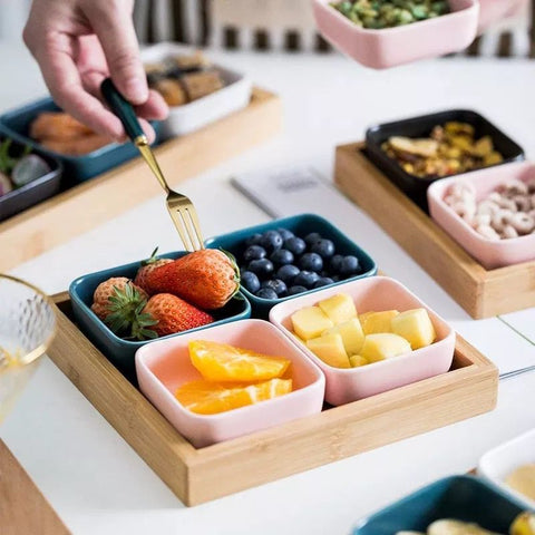 Ceramic Snack Serving Platter with Bamboo Tray - 4 Compartments | Serveware - Needs Store