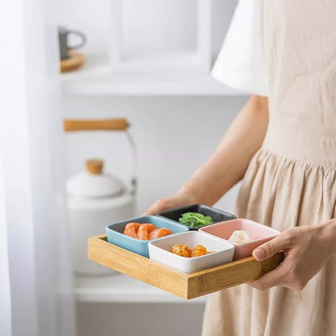 Ceramic Snack Serving Platter with Bamboo Tray - 4 Compartments | Serveware - Needs Store