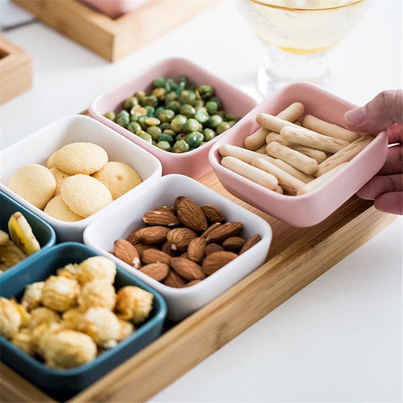 6 Ceramic Snack Serving Bowl with Bamboo Tray Buy Now Needs Store