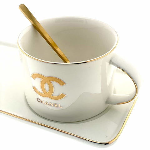 "Chanel" Mug with Serving Dish and Spoon - White - Needs Store
