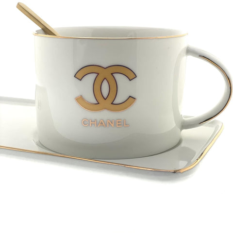 "Chanel" Mug with Serving Dish and Spoon - White - Needs Store
