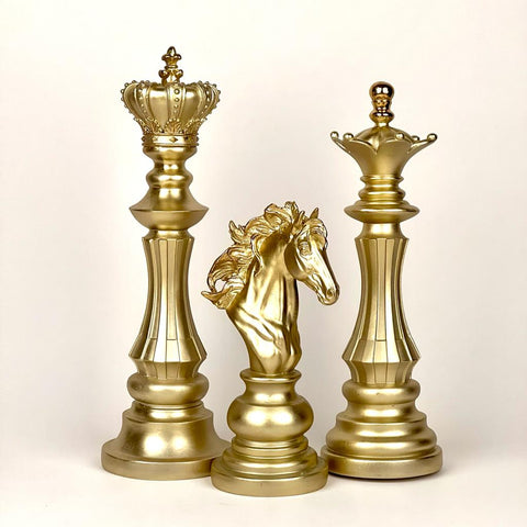 Decorative Chess King, Queen And Knight Golden Figurine For Home Décor - Set of 03 - Needs Store
