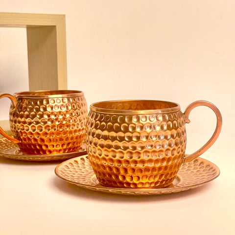 Deep Hammered Copper Tea Mugs with Saucer - Needs Store