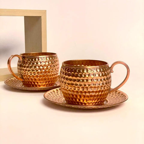Deep Hammered Copper Tea Mugs with Saucer - Needs Store