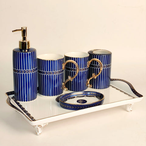 Denim Blue Bathroom Accessories Set | Tumblers Set with Vanity Tray| Ceramic Bath Set - Needs Store