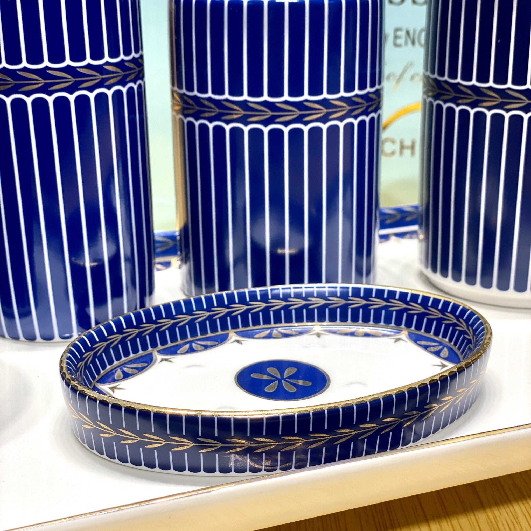 Denim Blue Bathroom Set with Vanity Tray Buy Now Needs Store