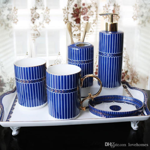 Denim Blue Bathroom Accessories Set | Tumblers Set with Vanity Tray| Ceramic Bath Set - Needs Store