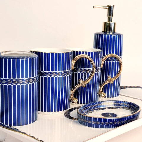 Denim Blue Bathroom Accessories Set | Tumblers Set with Vanity Tray| Ceramic Bath Set - Needs Store