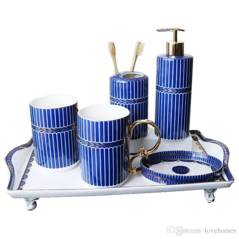 Denim Blue Bathroom Accessories Set | Tumblers Set with Vanity Tray| Ceramic Bath Set - Needs Store