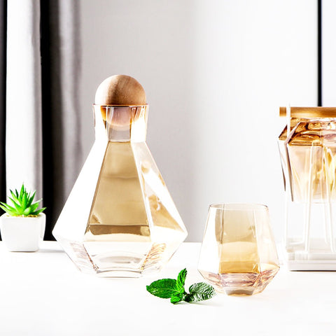 Elegant Geometric Glass Water Carafe and Glassware Set - Gold - Needs Store