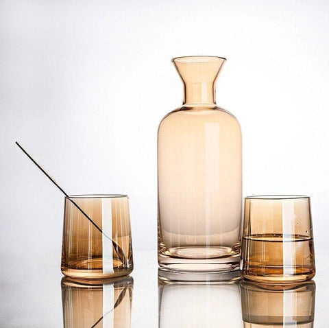 Glass Japanese Water Carafe and Glassware Set - Elegant Timber Lid and Gold Tray - Needs Store