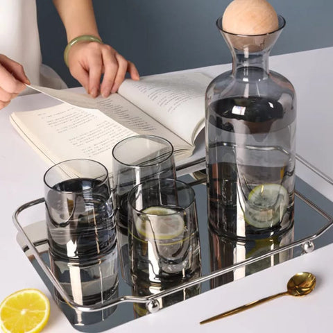 Glass Japanese Water Carafe and Glassware Set - Elegant Timber Lid and Gold Tray - Gray - Needs Store
