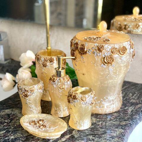 Gold Roses Bathroom Set | Bathroom Accessories | Tumblers Set - 6 pcs - Needs Store