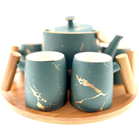 Green and Gold Marbled Tea Set with Bamboo Wood Serving Tray - 06 Mugs, Kettle & Serving Tray - Needs Store