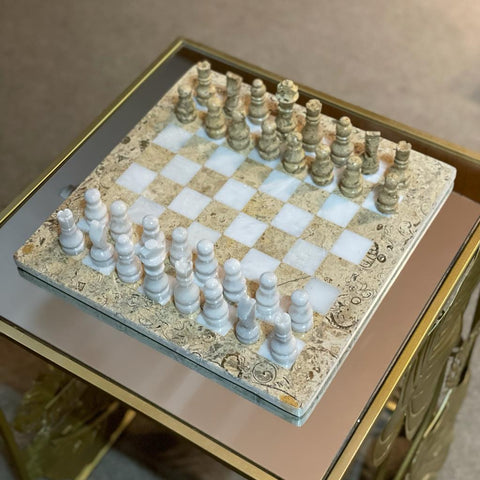 Handmade Marble Chess Set | Chess Board- White And Coral - Needs Store
