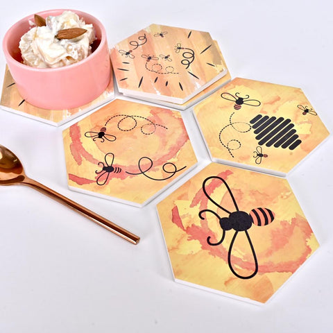 Honey Bee Stone Coasters with Cork Base - Set of 06 Coasters - Needs Store