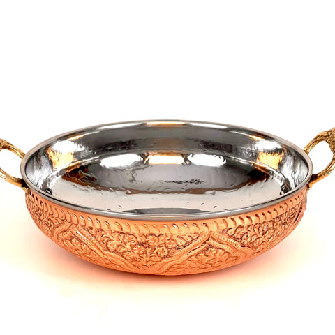 Engraved Copper Karrahi with Sparrow Holder