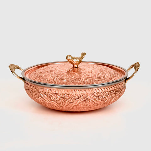 Engraved Copper Karrahi with Sparrow Holder