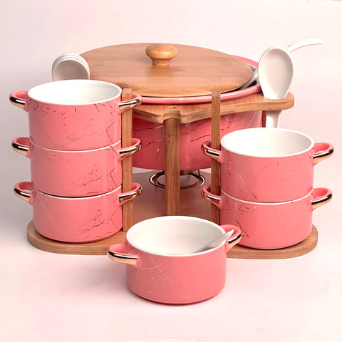Ceramic Soup Set with Wooden Stand