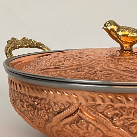 Engraved Copper Karrahi with Sparrow Holder