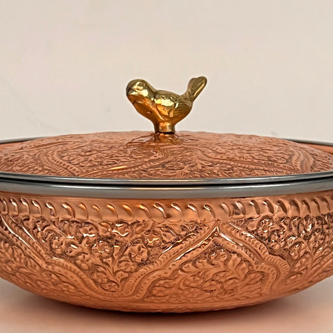 Engraved Copper Karrahi with Sparrow Holder