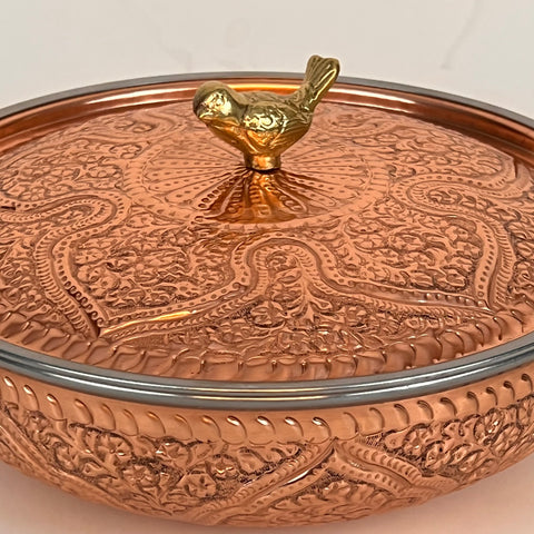 Engraved Copper Karrahi with Sparrow Holder