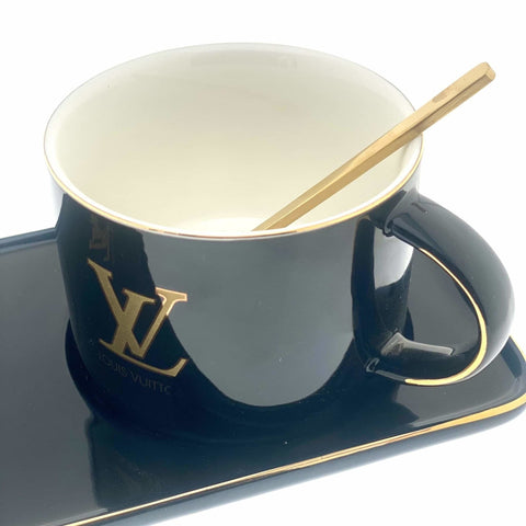 "Louis Vuitton" Mug with Serving Dish and Spoon - Black - Needs Store