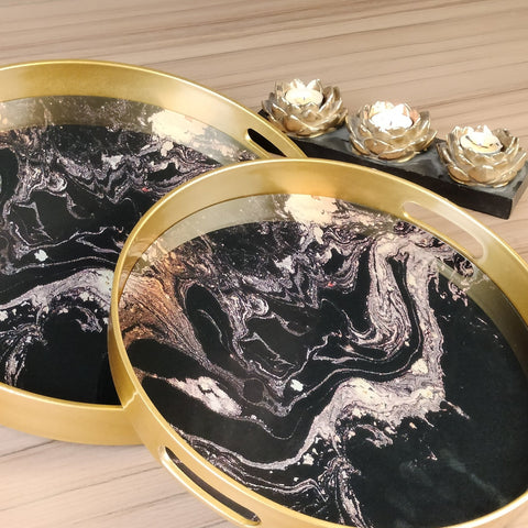 Marble Design Round Serving Tray | Set of 2 ( Black & White ) - Needs Store
