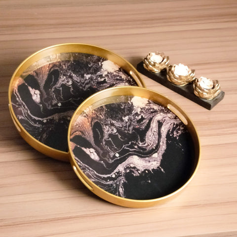 Marble Design Round Serving Tray | Set of 2 ( Black & White ) - Needs Store