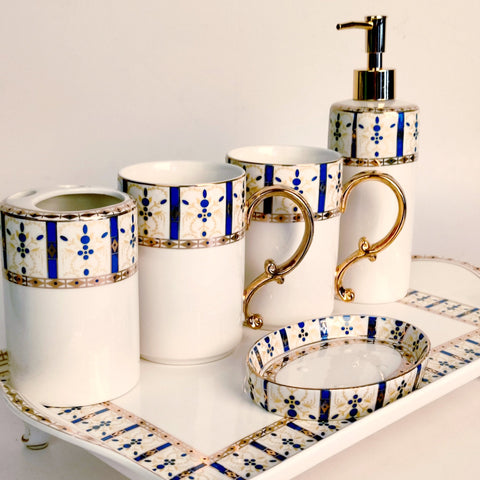Oriental Blue Bathroom Accessories Set | Tumblers Set with Vanity Tray| Ceramic Bath Set - Needs Store