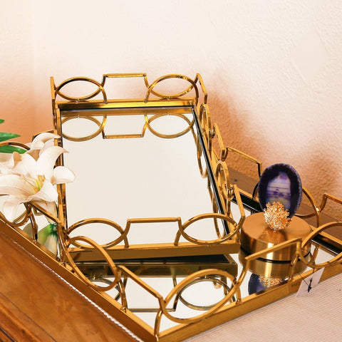 Pair of Gold Mirror Vanity Tray With Symmetric Pattern Border | Organizer Tray | Décor Tray - Needs Store