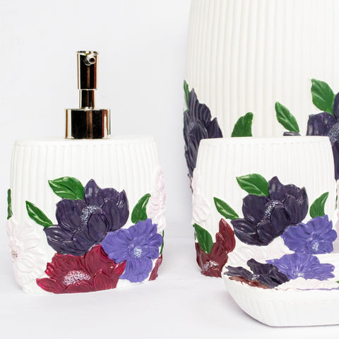 Purple And White Flower Bathroom Set | Bathroom Accessories | Tumblers Set - 6 pcs - Needs Store