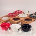 Set of 3 Ceramic Condiments Bowls with Bamboo Holder - Storage Contact with Glass Lid - Needs Store
