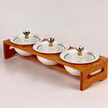 Set of 3 Ceramic Condiments Bowls with Bamboo Holder - Storage Contact with Glass Lid - Needs Store