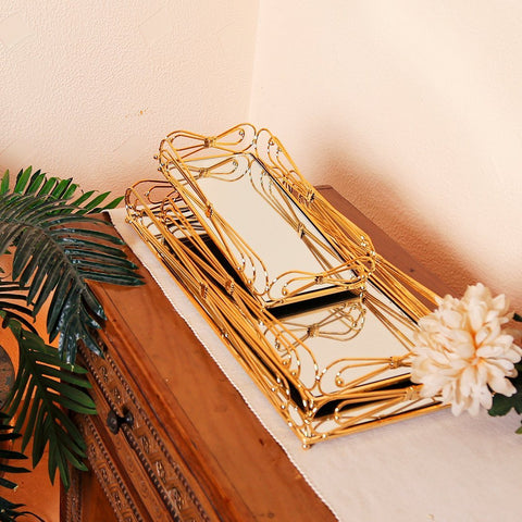 Set of 3 Gold Mirror Vanity Tray With Spiral Border | Organizer Tray | Décor Tray - Needs Store