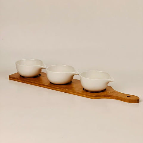 Set of 3 White Ceramic Bowls Chips & Dips with Wooden Tray - Needs Store