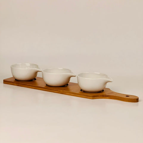 Set of 3 White Ceramic Bowls Chips & Dips with Wooden Tray - Needs Store