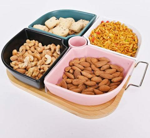 Snack Serving Tray with Wooden Base- 04 Compartments - Needs Store