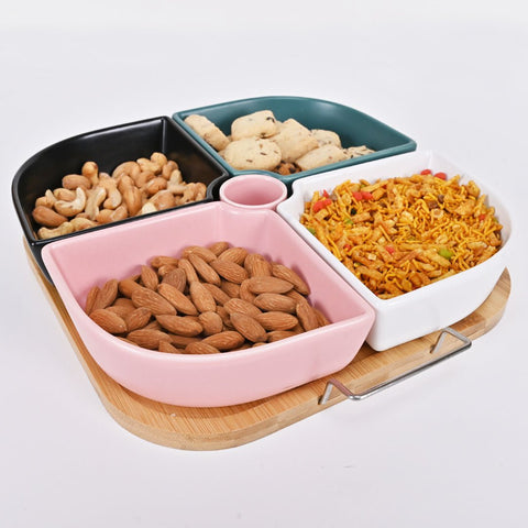 Snack Serving Tray with Wooden Base- 04 Compartments - Needs Store