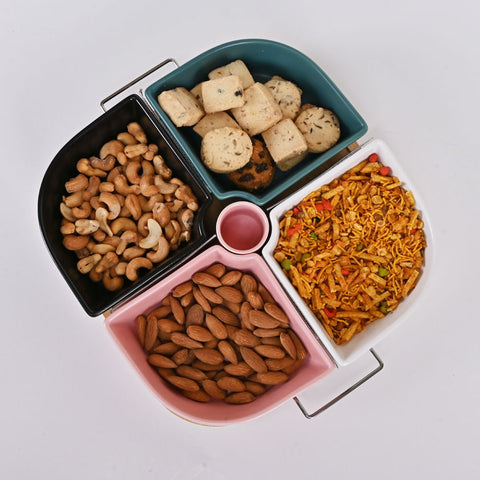 Snack Serving Tray with Wooden Base- 04 Compartments - Needs Store